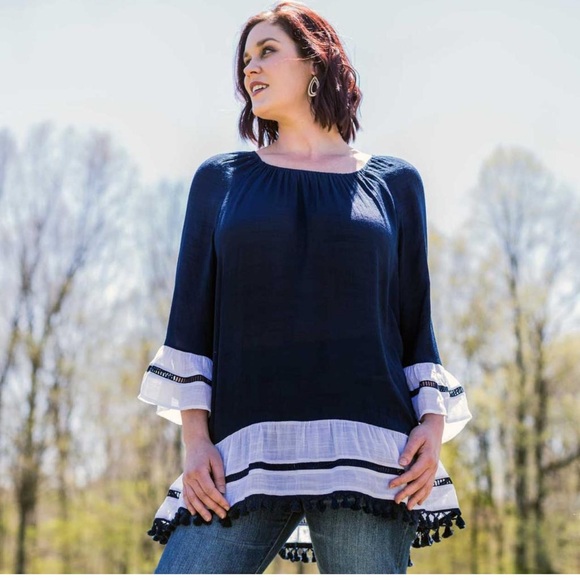 Navy and White Women's Top with Tassel Details - Picture 1 of 8